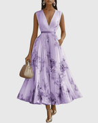 Rowella | Elegant Pleated Maxi Dress With V-Neck And Ribbon Tie Waist - Nalani - Fashion Clothing and Decor