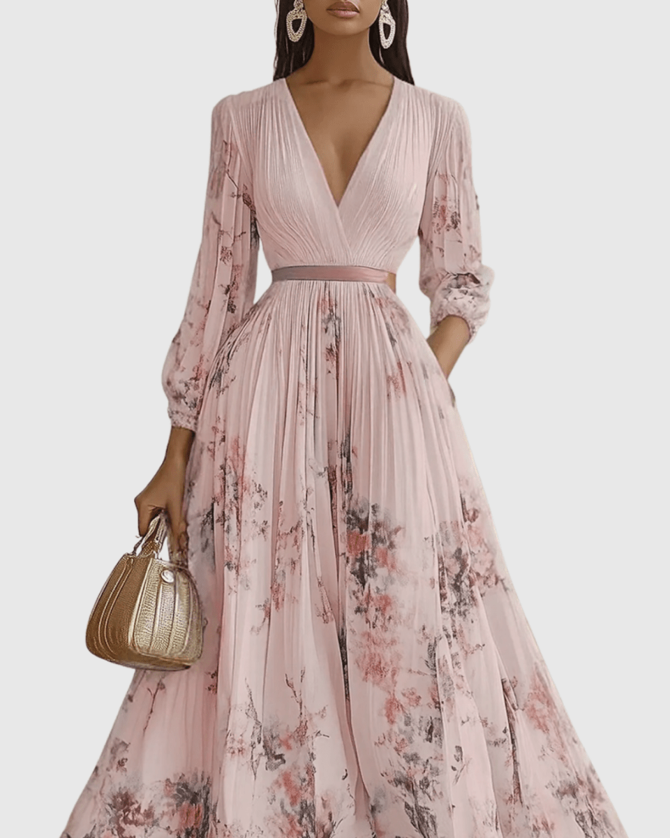 Rowella | Elegant Pleated Maxi Dress With V-Neck And Ribbon Tie Waist - Nalani - Fashion Clothing and Decor