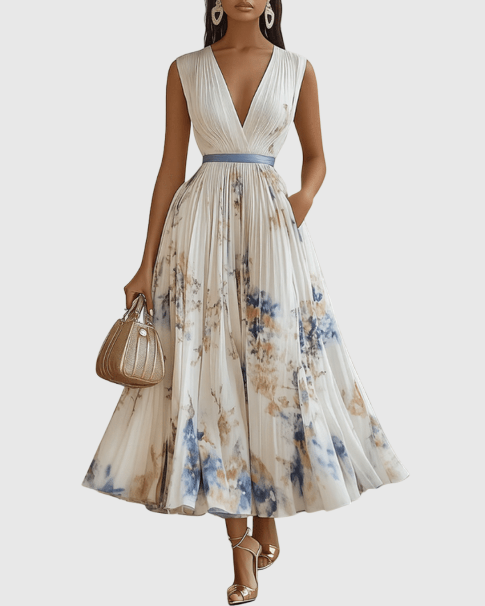 Rowella | Elegant Pleated Maxi Dress With V-Neck And Ribbon Tie Waist - Nalani - Fashion Clothing and Decor