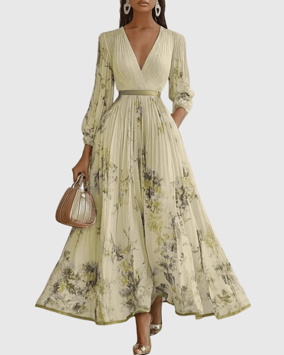 Rowella | Elegant Pleated Maxi Dress With V-Neck And Ribbon Tie Waist - Nalani - Fashion Clothing and Decor