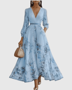 Rowella | Elegant Pleated Maxi Dress With V-Neck And Ribbon Tie Waist - Nalani - Fashion Clothing and Decor