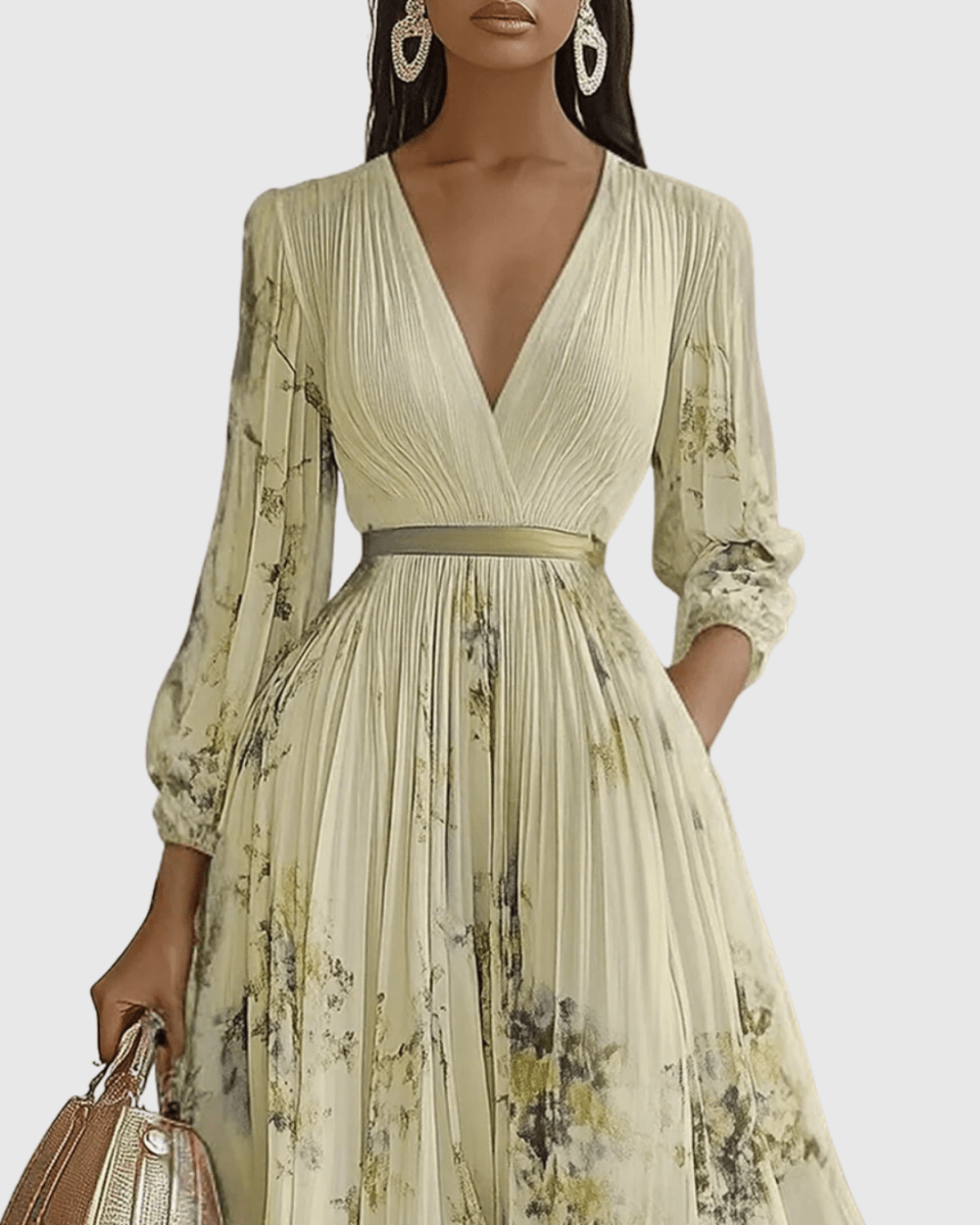 Rowella | Elegant Pleated Maxi Dress With V-Neck And Ribbon Tie Waist - Nalani - Fashion Clothing and Decor