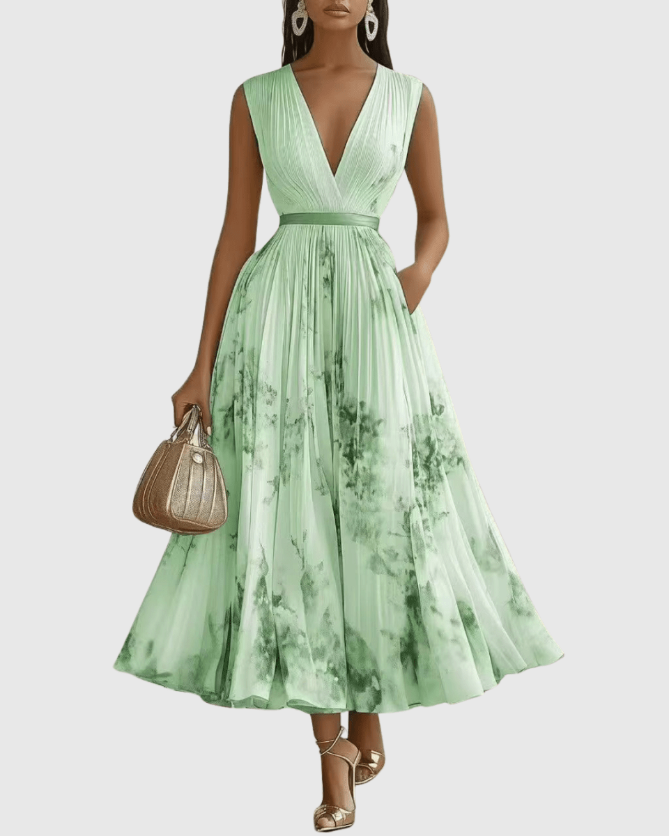 Rowella | Elegant Pleated Maxi Dress With V-Neck And Ribbon Tie Waist - Nalani - Fashion Clothing and Decor