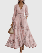Rowella | Elegant Pleated Maxi Dress With V-Neck And Ribbon Tie Waist - Nalani - Fashion Clothing and Decor