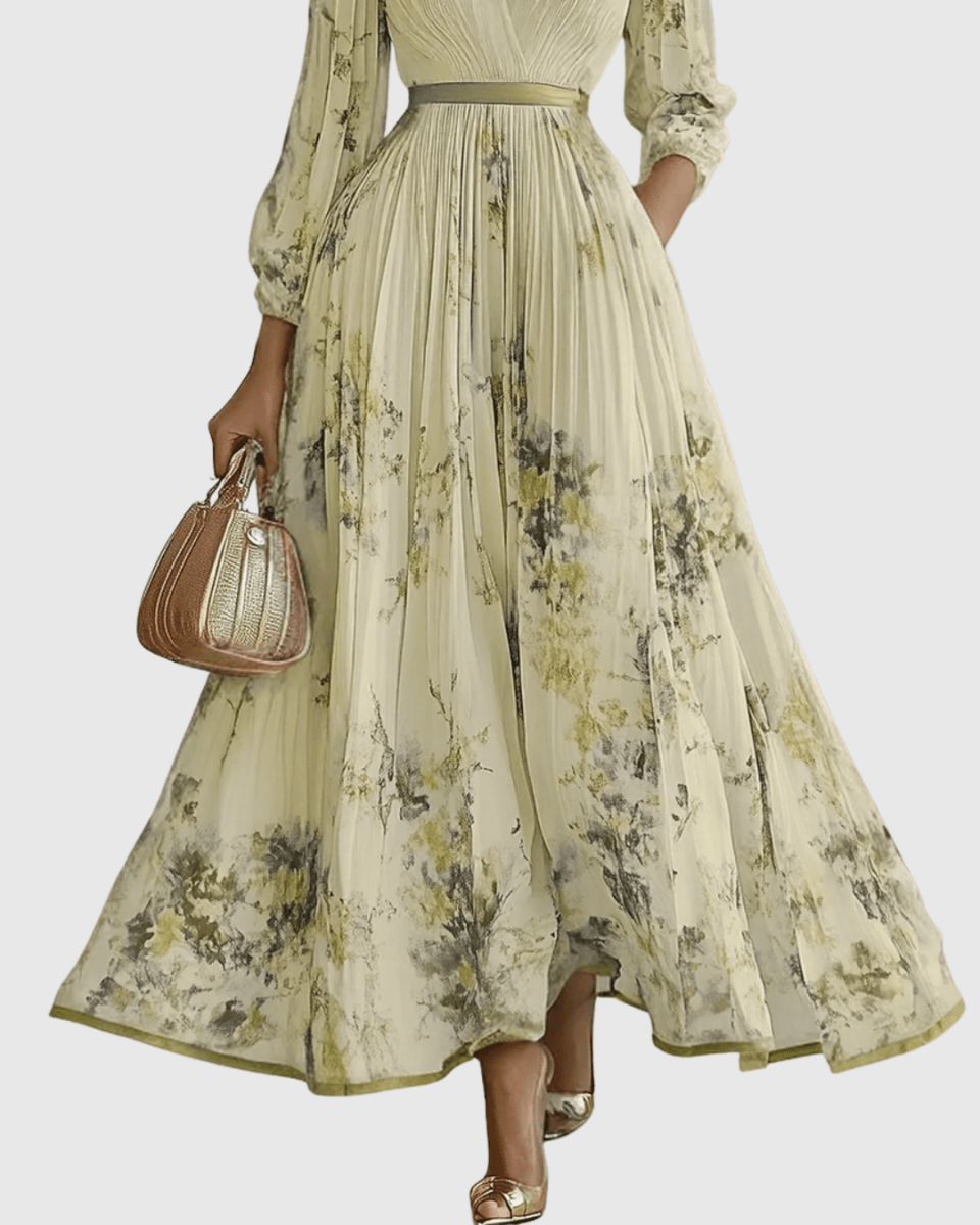 Rowella | Elegant Pleated Maxi Dress With V-Neck And Ribbon Tie Waist - Nalani - Fashion Clothing and Decor