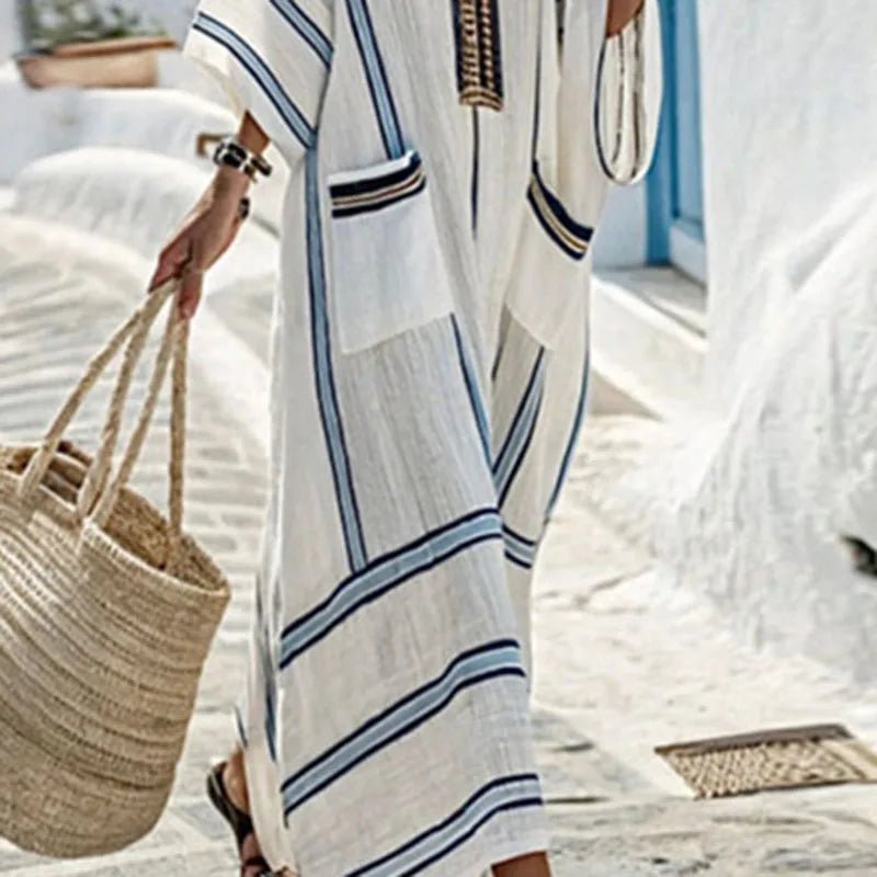 Santorini Striped Kaftan Dress With Oversized Pockets For Warm Escapes Beach Vacation Flowy Silhouette - Nalani - Fashion Clothing and Decor