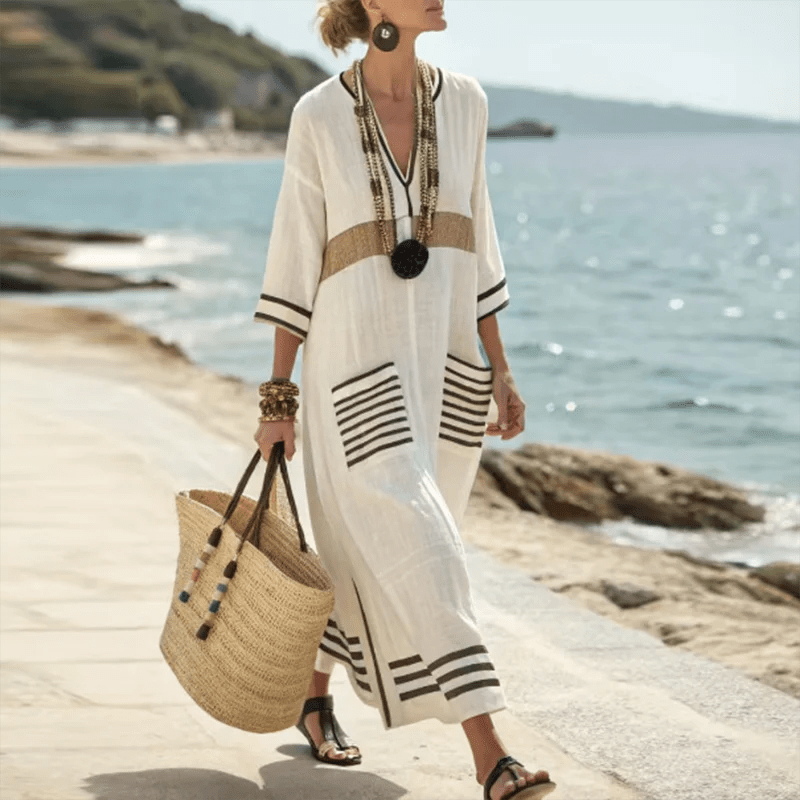 Santorini Striped Kaftan Dress With Oversized Pockets For Warm Escapes Beach Vacation Flowy Silhouette - Nalani - Fashion Clothing and Decor