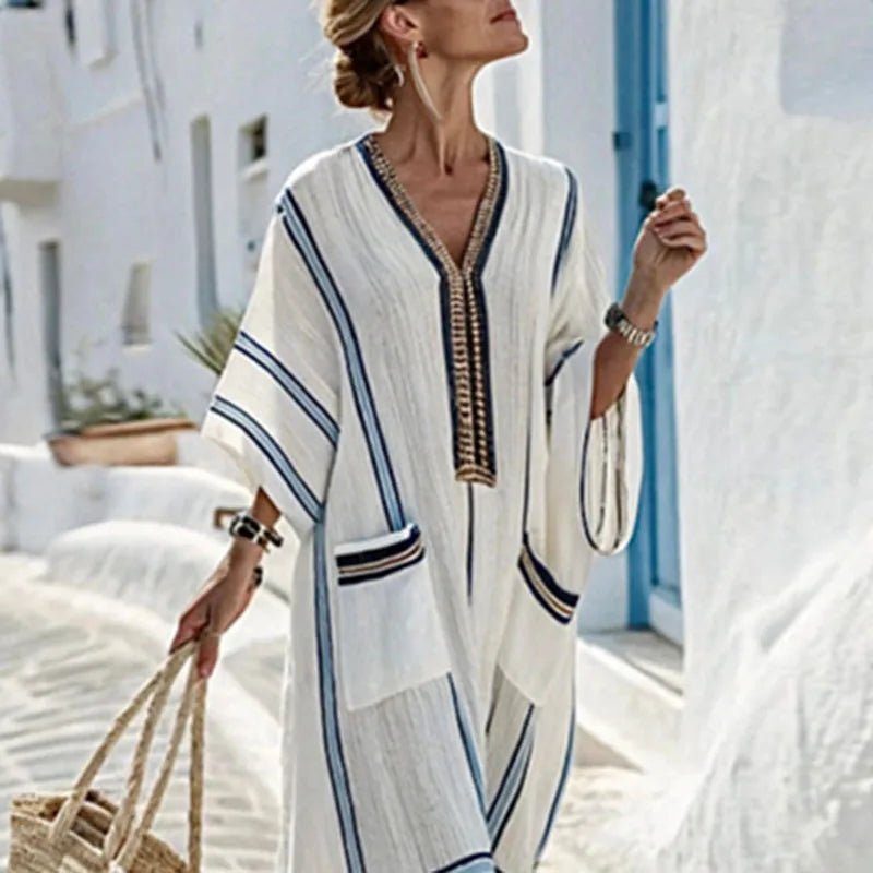 Santorini Striped Kaftan Dress With Oversized Pockets For Warm Escapes Beach Vacation Flowy Silhouette - Nalani - Fashion Clothing and Decor