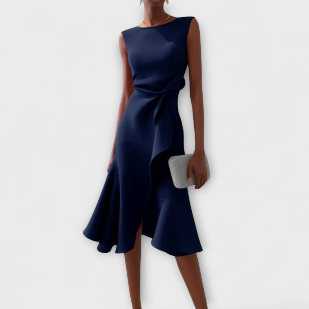 Sheila | Draped Asymmetric Midi Dress For Evening Wear Occasions - Nalani - Fashion Clothing and Decor