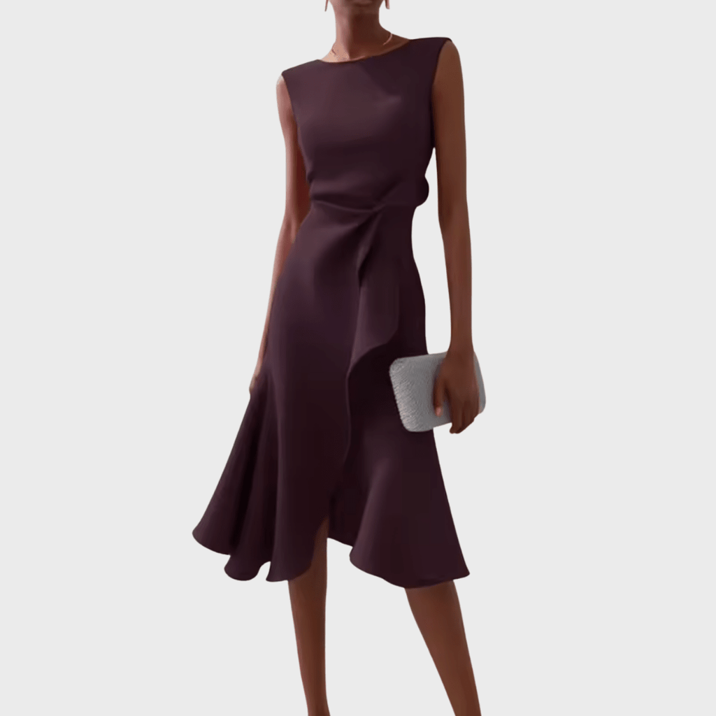 Sheila | Draped Asymmetric Midi Dress For Evening Wear Occasions - Nalani - Fashion Clothing and Decor