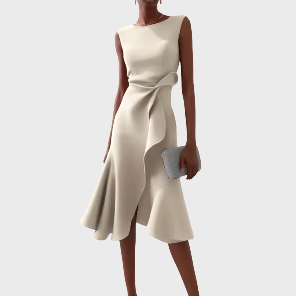 Sheila | Draped Asymmetric Midi Dress For Evening Wear Occasions - Nalani - Fashion Clothing and Decor