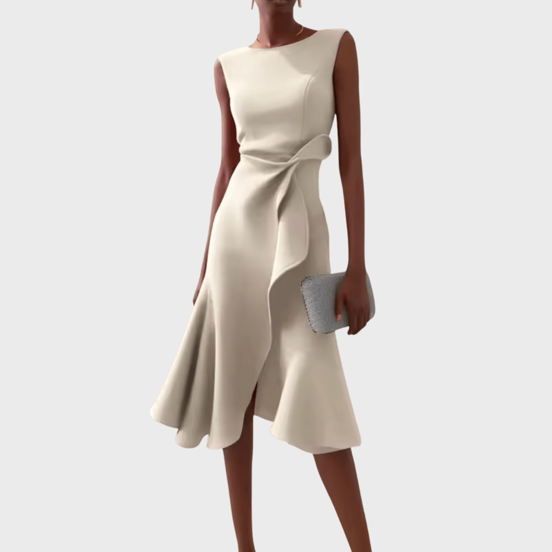Sheila | Draped Asymmetric Midi Dress For Evening Wear Occasions - Nalani - Fashion Clothing and Decor