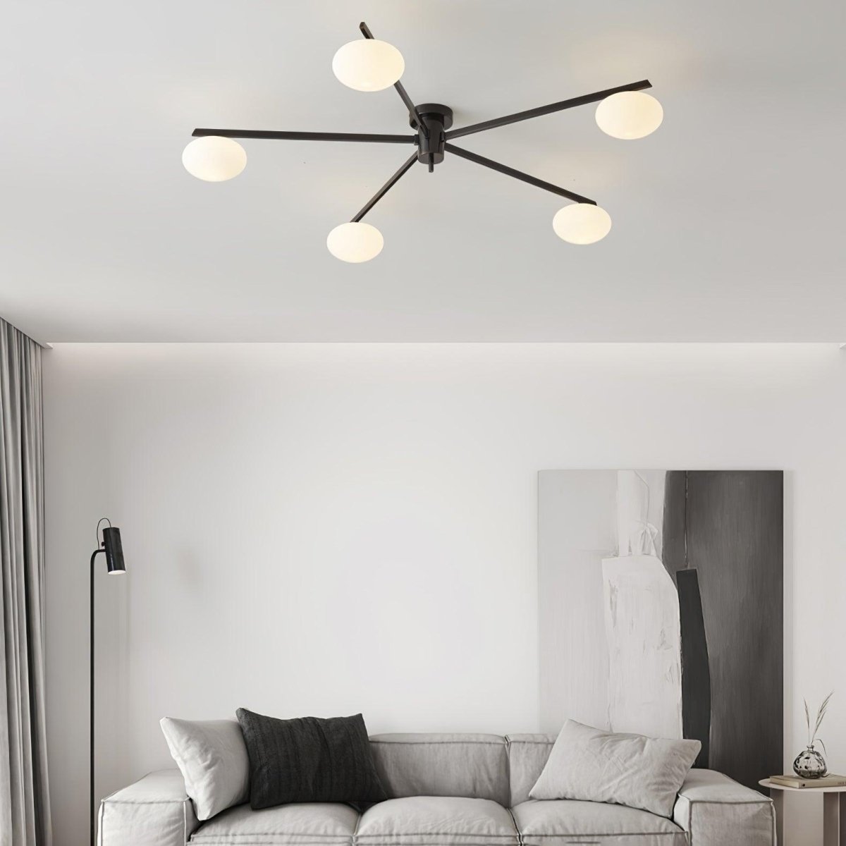 Slim Black Arm Ceiling Lamp With White Glass Oval Bulb - Nalani - UK Fashion Clothing and Decor