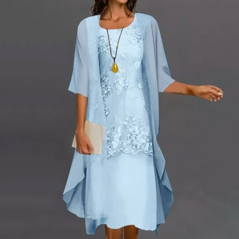 Soril | Women's dress with round neck and 3/4 sleeves for wedding guests | Floral pattern & Midi - Nalani - Fashion Clothing and Decor