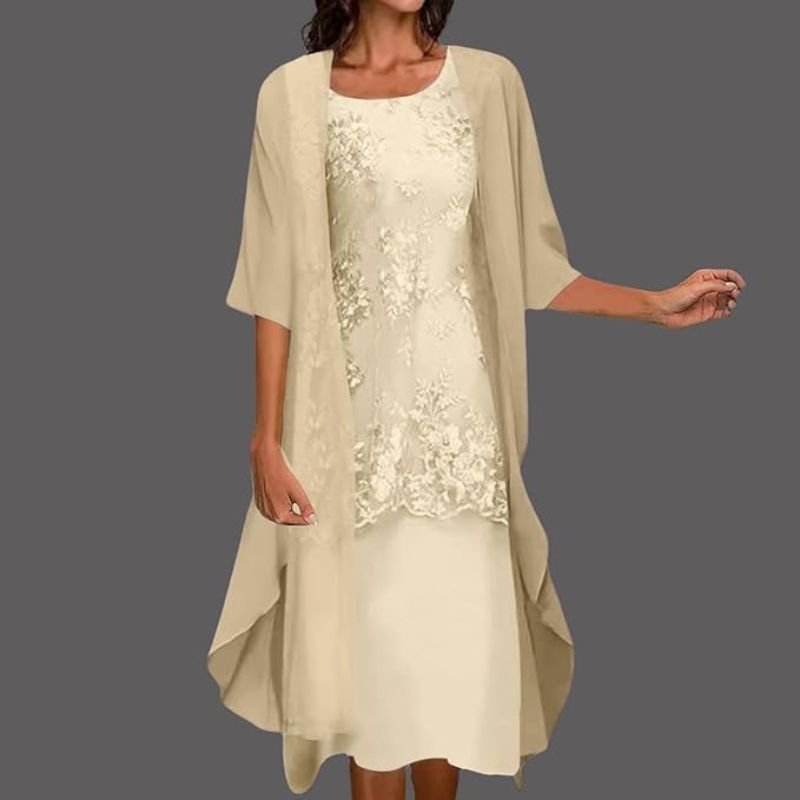 Soril | Women's dress with round neck and 3/4 sleeves for wedding guests | Floral pattern & Midi - Nalani - Fashion Clothing and Decor