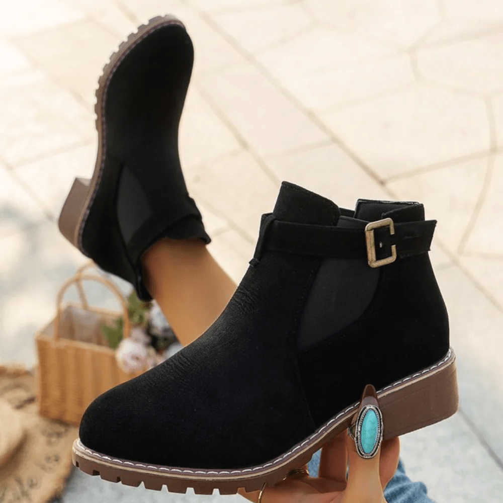 Suede Buckle Strap Ankle Boots Elastic Panel Gripped Sole - Nalani - UK Fashion Clothing and Decor