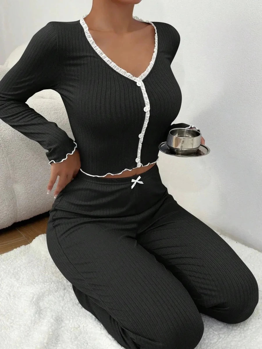 Sweet Slumber Pajama Set With V - Neck Top And Lace Trim For Comfort - Nalani - Fashion Clothing and Decor