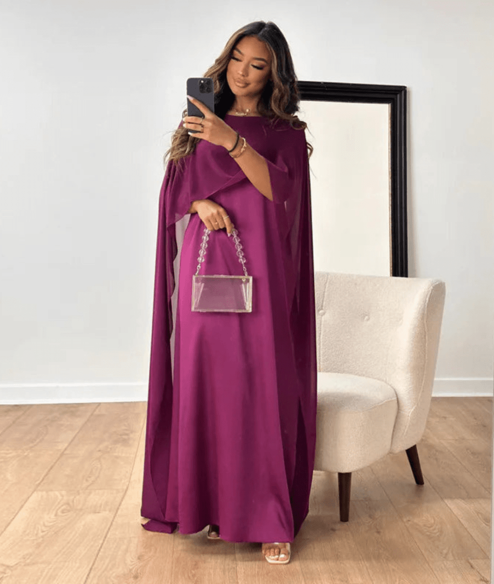 Tayma – Draped Sleeve Abaya In Rich Plum Hue With Cape Sleeves - Nalani - Fashion Clothing and Decor