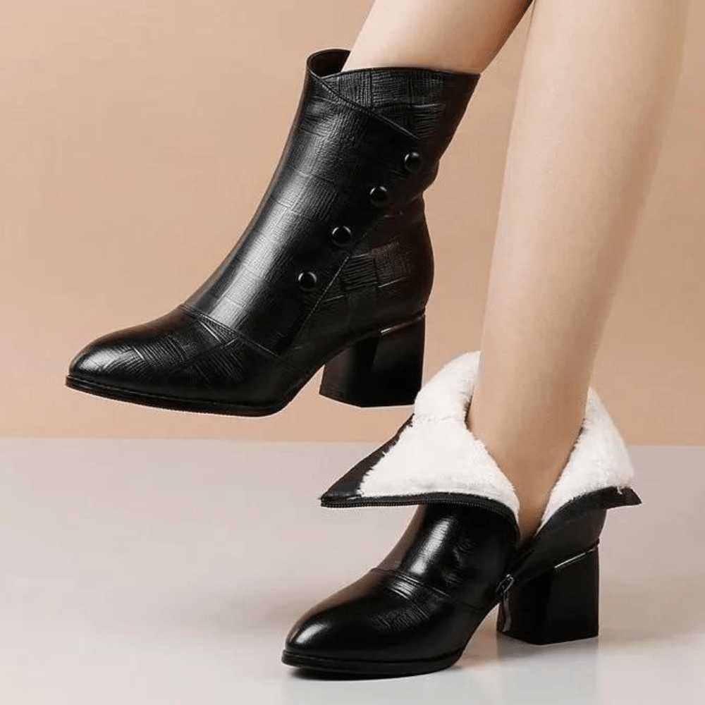 Textured Block Heel Ankle Boots With Side Buttons And Rounded Toe - Nalani - UK Fashion Clothing and Decor