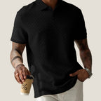 Textured Chevron Knit Polo Shirt With Short Sleeve Button Placket - Nalani - UK Fashion Clothing and Decor