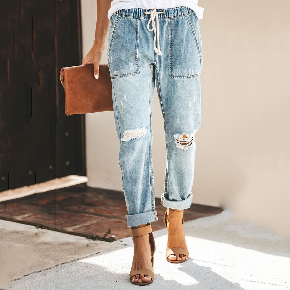 Veloura | Women's Ripped Jeans with Tapered Leg and Drawstring | Casual - Nalani - Fashion Clothing and Decor