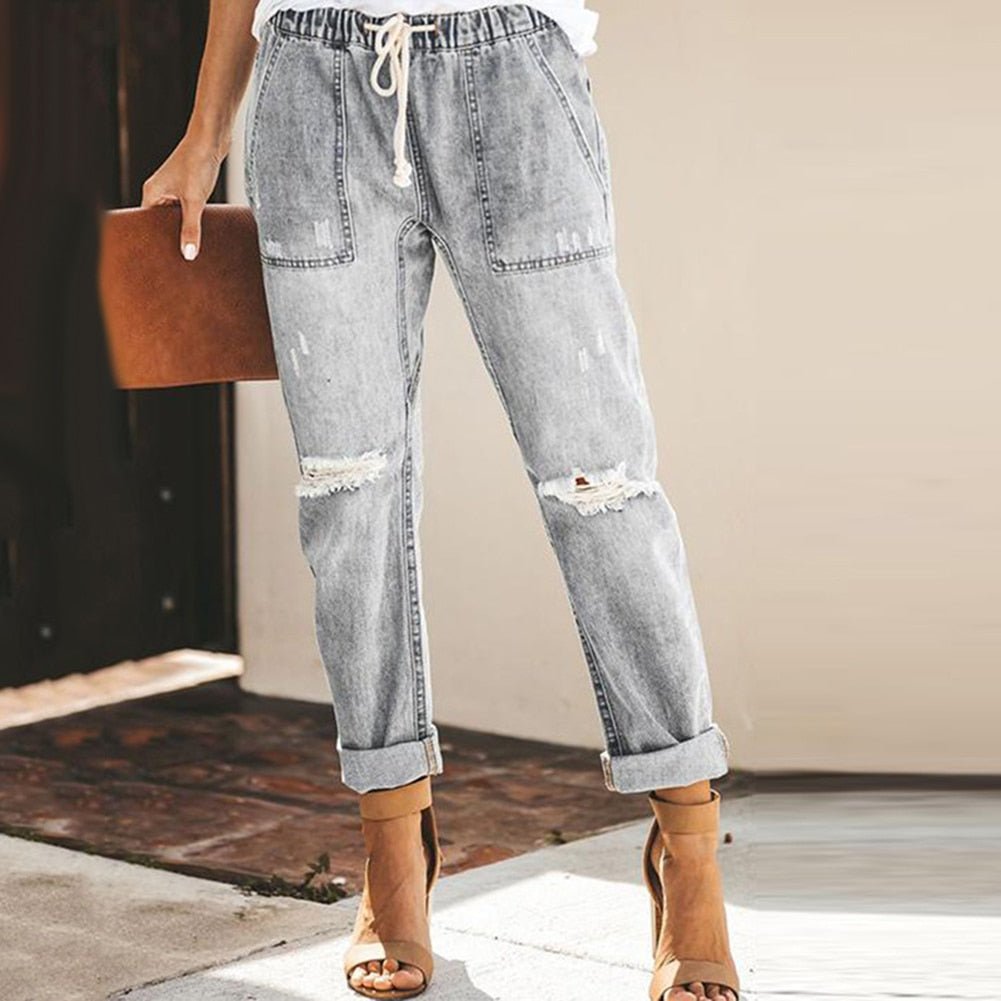 Veloura | Women's Ripped Jeans with Tapered Leg and Drawstring | Casual - Nalani - Fashion Clothing and Decor