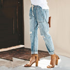 Veloura | Women's Ripped Jeans with Tapered Leg and Drawstring | Casual - Nalani - Fashion Clothing and Decor