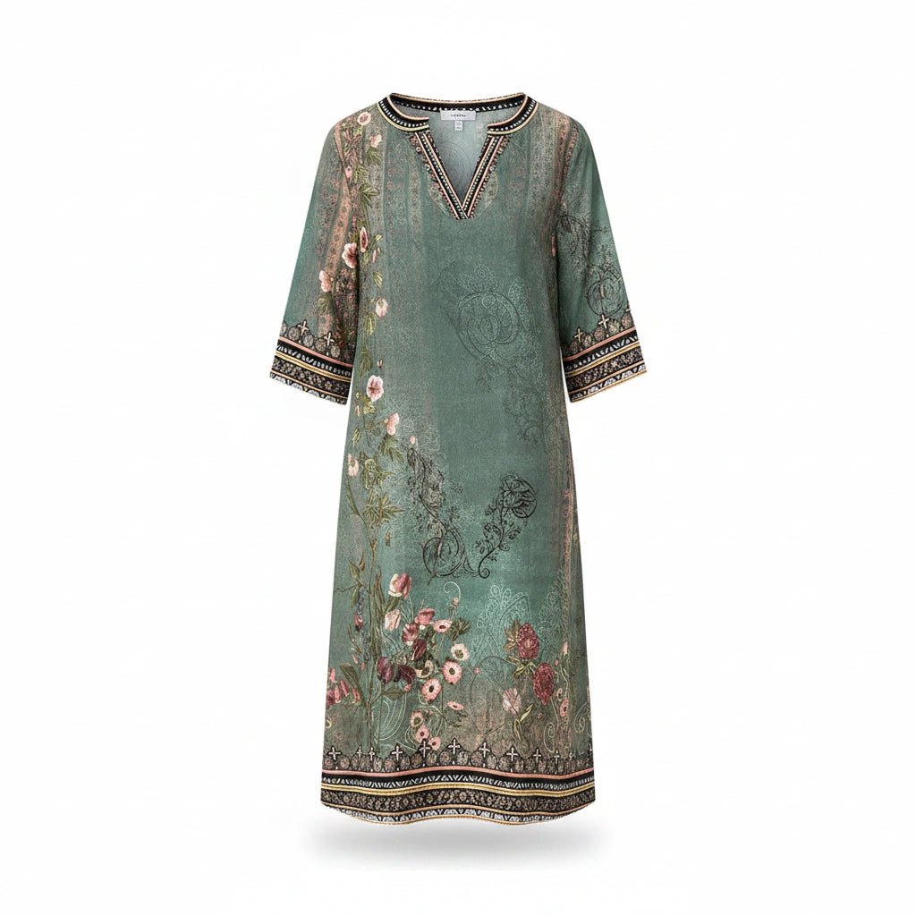 Virelle | Women's Short Sleeve V - Neck Floral Summer Dress | Midi - Nalani - Fashion Clothing and Decor