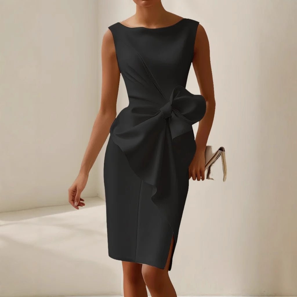 Women Boat Neck Midi Dress Sleeveless Side Bow Detail Everyday Dress - Nalani - Fashion Clothing and Decor