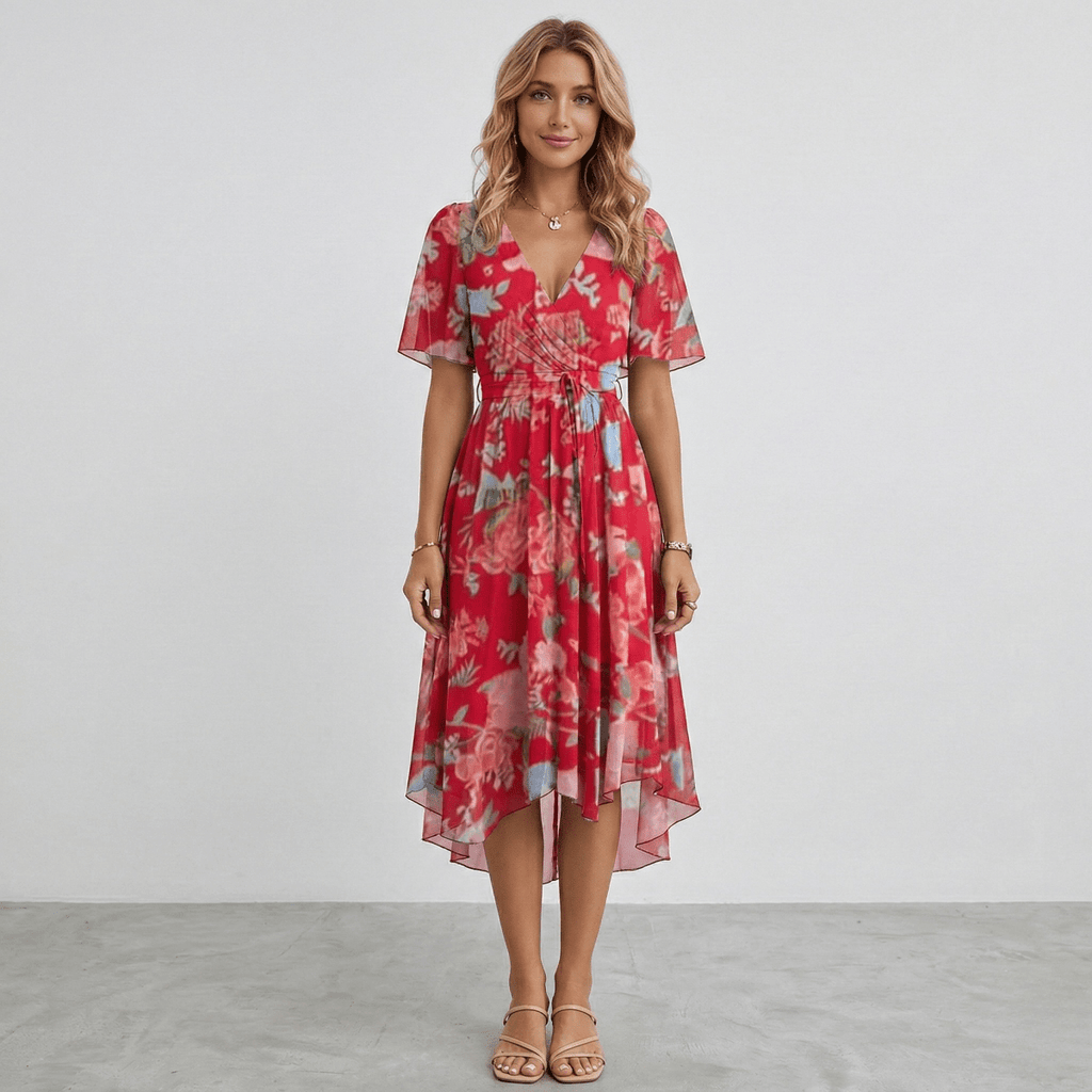 Women Floral Print Wrap Midi Dress Short Sleeve A-Line Lightweight - Nalani - Fashion Clothing and Decor