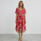 Women Floral Print Wrap Midi Dress Short Sleeve A-Line Lightweight - Nalani - Fashion Clothing and Decor