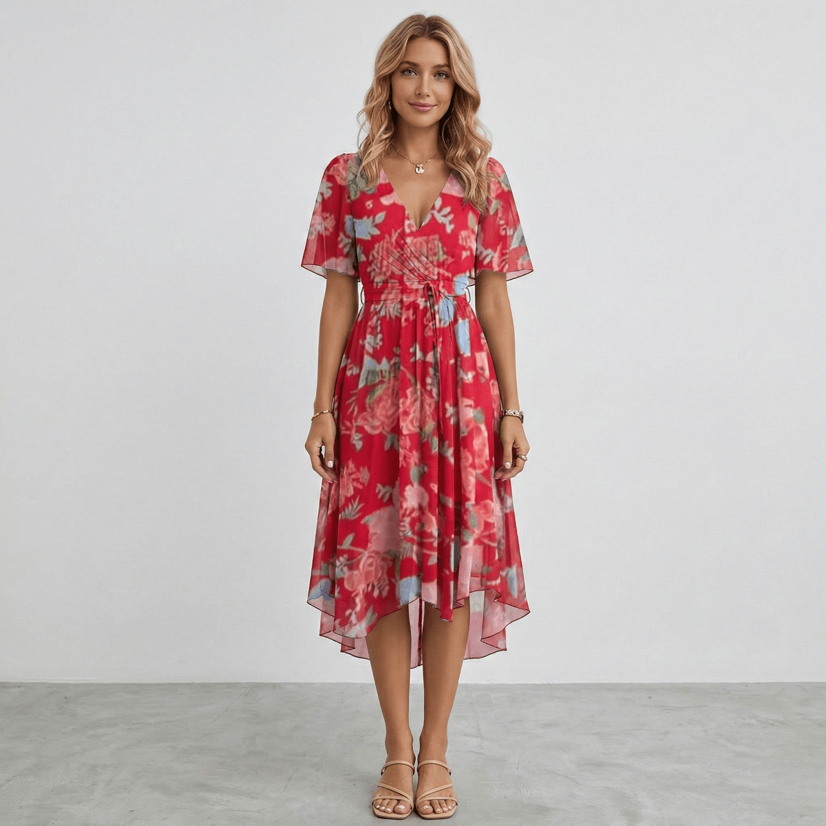 Women Floral Print Wrap Midi Dress Short Sleeve A-Line Lightweight - Nalani - Fashion Clothing and Decor