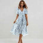 Women Floral Print Wrap Midi Dress Short Sleeve A-Line Lightweight - Nalani - Fashion Clothing and Decor