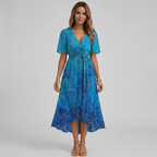Women Floral Print Wrap Midi Dress Short Sleeve A-Line Lightweight - Nalani - Fashion Clothing and Decor