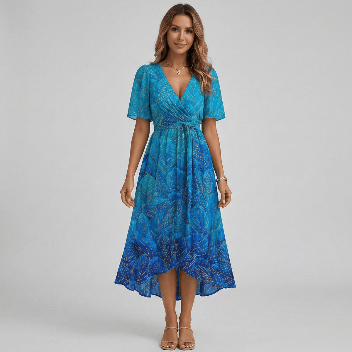 Women Floral Print Wrap Midi Dress Short Sleeve A-Line Lightweight - Nalani - Fashion Clothing and Decor