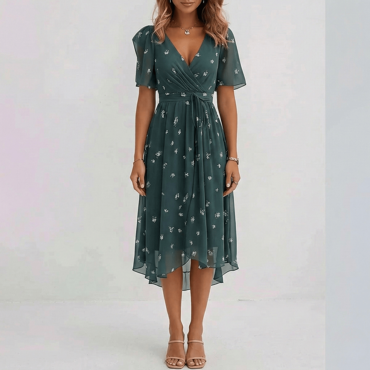 Women Floral Print Wrap Midi Dress Short Sleeve A-Line Lightweight - Nalani - Fashion Clothing and Decor