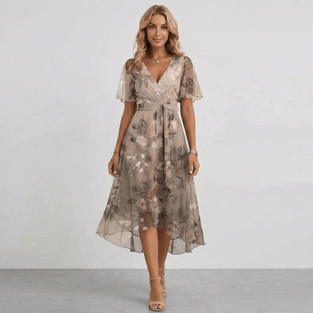 Women Floral Print Wrap Midi Dress Short Sleeve A-Line Lightweight - Nalani - Fashion Clothing and Decor