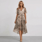 Women Floral Print Wrap Midi Dress Short Sleeve A-Line Lightweight - Nalani - Fashion Clothing and Decor