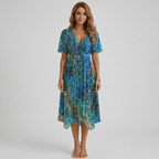Women Floral Print Wrap Midi Dress Short Sleeve A-Line Lightweight - Nalani - Fashion Clothing and Decor