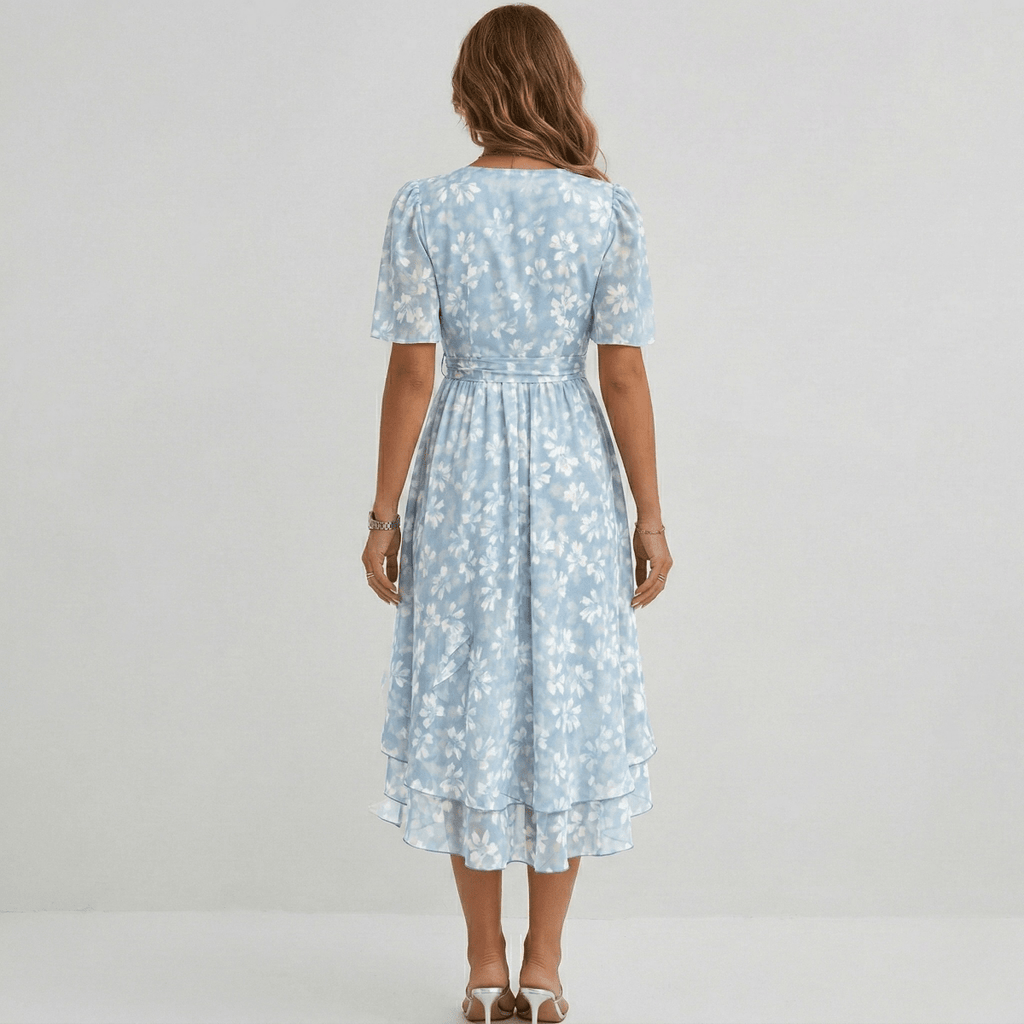 Women Floral Print Wrap Midi Dress Short Sleeve A-Line Lightweight - Nalani - Fashion Clothing and Decor