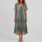 Women Floral Print Wrap Midi Dress Short Sleeve A-Line Lightweight - Nalani - Fashion Clothing and Decor