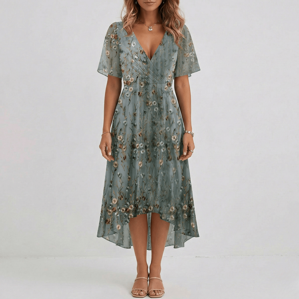 Women Floral Print Wrap Midi Dress Short Sleeve A-Line Lightweight - Nalani - Fashion Clothing and Decor