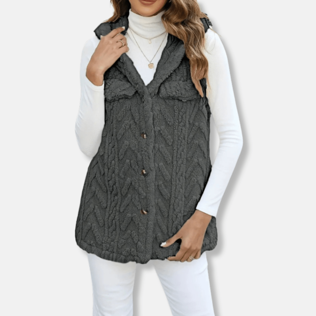Women Hooded Vest Fuzzy Knit With Button Front And Chest Pockets - Nalani - UK Fashion Clothing and Decor
