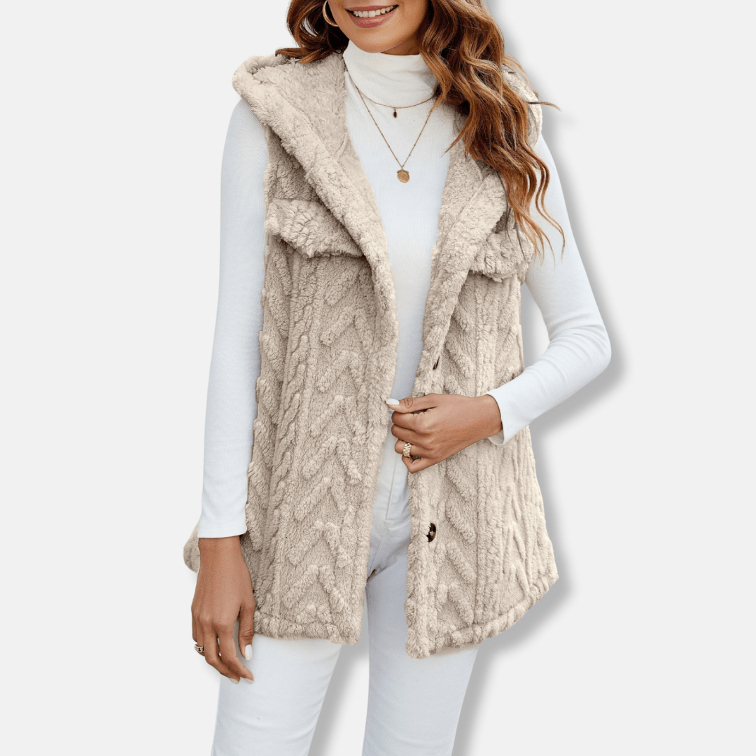 Women Hooded Vest Fuzzy Knit With Button Front And Chest Pockets - Nalani - UK Fashion Clothing and Decor