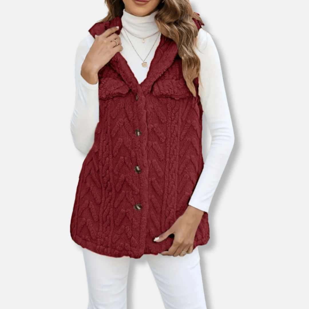 Women Hooded Vest Fuzzy Knit With Button Front And Chest Pockets - Nalani - UK Fashion Clothing and Decor