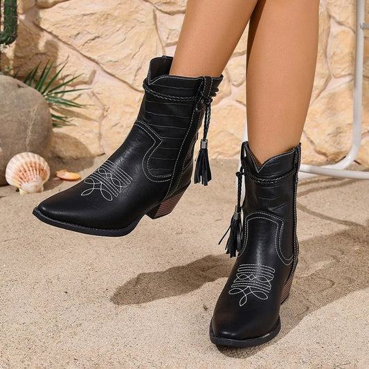 Women Leather Cowboy Boots With Tassel Detailing Pointed Toe - Nalani - UK Fashion Clothing and Decor