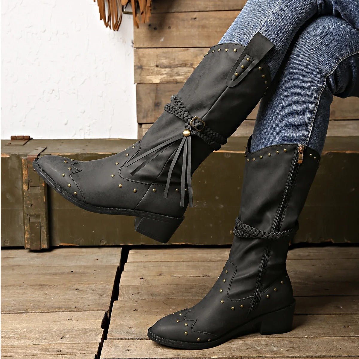 Women Western Boots Faux Leather Studded Strap Pointed Toe - Nalani - UK Fashion Clothing and Decor
