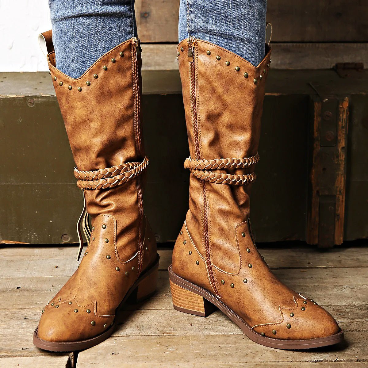 Women Western Boots Faux Leather Studded Strap Pointed Toe - Nalani - UK Fashion Clothing and Decor