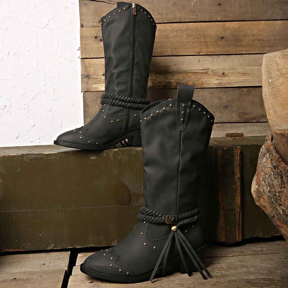 Women Western Boots Faux Leather Studded Strap Pointed Toe - Nalani - UK Fashion Clothing and Decor