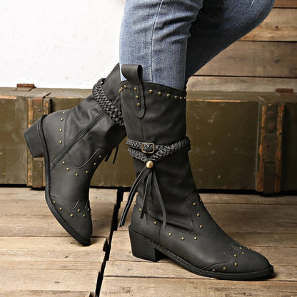 Women Western Boots Faux Leather Studded Strap Pointed Toe - Nalani - UK Fashion Clothing and Decor